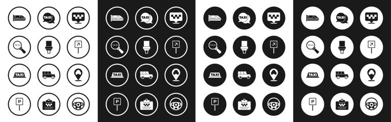 Set Location with taxi, Safety belt, Magnifying glass and car, High-speed train, Airport, Taxi call telephone service, and roof icon. Vector