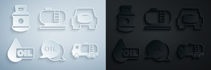 Fototapeta premium Set Word oil, Spare wheel in the car, Oil drop, Tanker truck, tank storage and Propane gas icon. Vector
