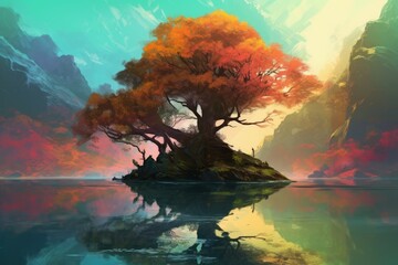 Fantasy land with tree. Generate Ai