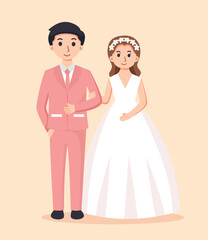 Fototapeta premium Bride in white dress and Groom in suit. Couple wedding vector illustration