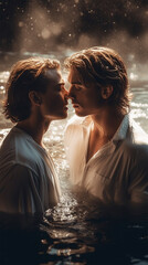 Tender kiss of two Caucasian young men standing side by side in a lake in white shirts . Generative AI