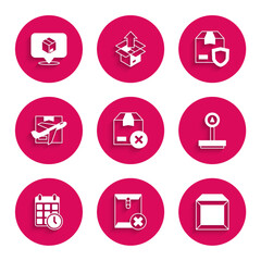 Set Carton cardboard box, Delete envelope, Scale, Cardboard with calendar, Plane and, Delivery security shield and Location icon. Vector