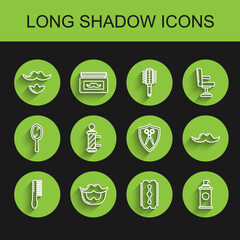 Fototapeta premium Set line Hairbrush, Mustache and beard, Blade razor, Shaving gel foam, Classic Barber shop pole, and Scissors hairdresser shield icon. Vector