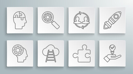 Set line Human head with gear inside, Magnifying glass and, Ladder leading to cloud, Piece of puzzle, Light bulb hand, resources, Rocket ship fire and puzzles strategy icon. Vector