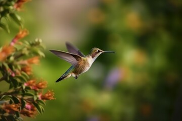 Flying hummingbird near flower. Generate Ai