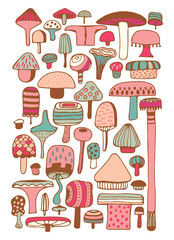 Set of stylizes mushrooms. Summer psychedelic elemenst in 70s and 80s style. Vibrant groovy and funky fungus. Rainbow tattoo stickers. Vintage nostalgia collection. Vector illustration.