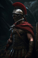 Spartan warrior in medieval armor and red cloak standing in an ancient city. Generative AI