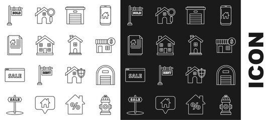 Set line Fire hydrant, Warehouse, House with dollar symbol, Garage, Home, contract, Hanging sign text Sold and icon. Vector