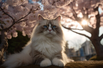 Naklejka na ściany i meble Beautiful long-haired Ragdoll cat outdoors with cherry blossom trees during sunset