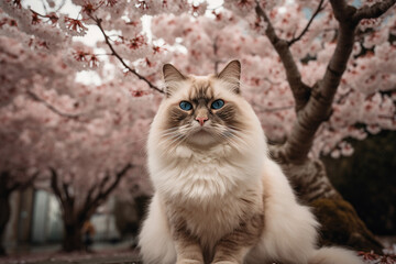Naklejka na ściany i meble Beautiful portrait of a long-haired Ragdoll cat sitting underneath cherry blossom trees