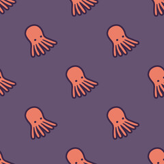 A cute purple and orange seamless pattern of the squid with a background in Beach Concept Summer Theme, illustration