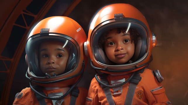 Baby spaceman in orange space suit, Futuristic sci-fi illustration generative ai