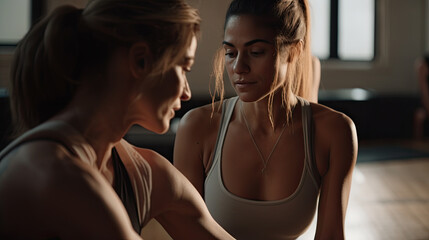 selective focus of sportswoman and trainer working out together in gym, Generative AI