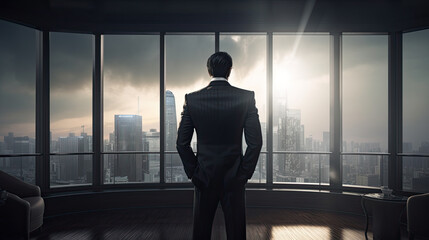 Businessman standing in office and looking at city view. Generative AI