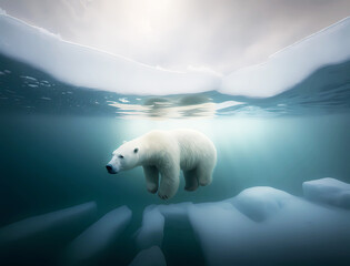 polar bear floating in the arctic sea - climate change - global warming - AI generated - 593878921