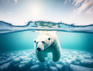 polar bear floating in the arctic sea - climate change - global warming - AI generated - 593878935
