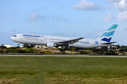Luqa, Malta - April 16, 2023: Euro Atlantic Airways Boeing 767-34P-ER (REG: CS-TST) operating for Air Malta.