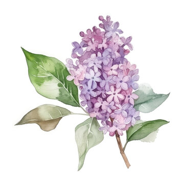 Watercolor drawing with Lilac flower Illustration AI Generative.