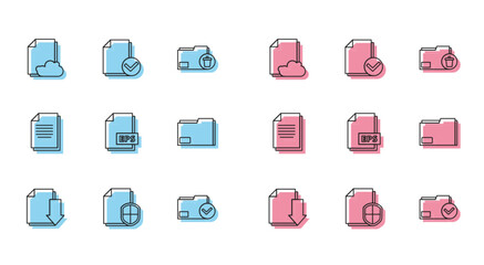 Set line Document with download, protection concept, Cloud storage text document, folder and check mark, EPS file, and icon. Vector