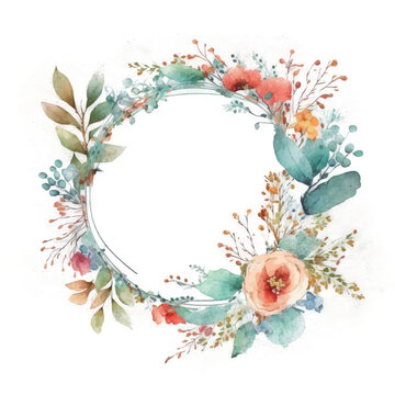 Watercolor floral wreath frame background. Illustration AI Generative.
