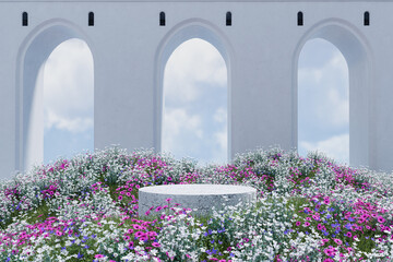 Abstact 3d render spring scene and Natural podium background, White stone podium on the colorful flowers and grass field backdrop three arch doors for product display advertising or etc