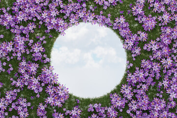Naklejka premium Abstact 3d render spring scene and Natural beauty background, Colorful flowers and grass field around circle frame, backdrop sky and cloud for product display, advertising or etc