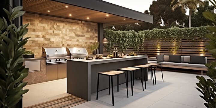 An outdoor entertainment area with a built-in barbecue and a bar setup - Generative AI technology.