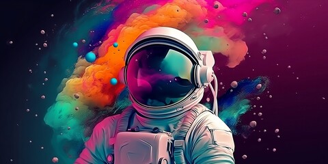 Beautiful painting of an astronaut in in a colorful bubbles galaxy on a different planet. Pop art concept - Generative AI technology © STUDIO.0432