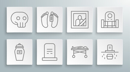 Set line Funeral urn, Dead body, Grave with tombstone, in the morgue, coffin, Mourning photo frame, and Skull icon. Vector