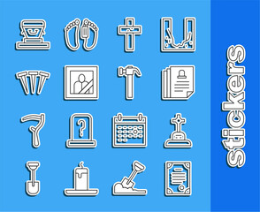 Set line Death certificate, Grave with cross, Christian, Mourning photo frame, Metallic nails, Coffin and Hammer icon. Vector