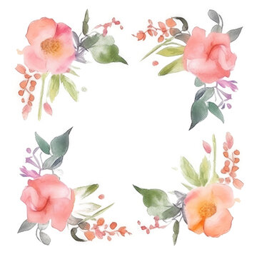 Watercolor floral wreath frame background. Illustration AI Generative.