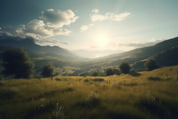 Beautiful landscape. Mountains and sun. Warm day.