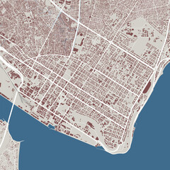 Detailed map of Maputo city, capital of Mozambique. Municipal administrative area map with buildings, rivers and roads, parks and railways. - obrazy, fototapety, plakaty