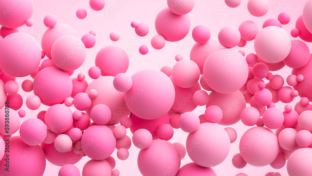 Wall mural Pink matte soft chaotic balls in different sizes. Abstract composition with pink random flying spheres. Vector background