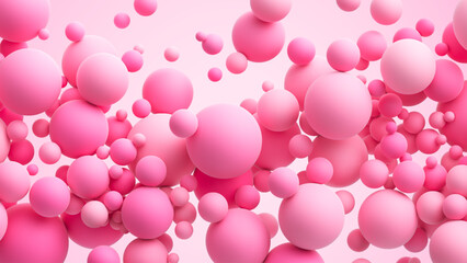 Pink matte soft chaotic balls in different sizes. Abstract composition with pink random flying spheres. Vector background