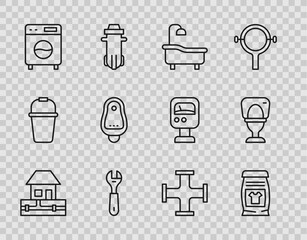 Set line Water supply pipes, Laundry detergent, Bathtub, Wrench spanner, Washer, Toilet urinal or pissoir, Industry metallic and bowl icon. Vector