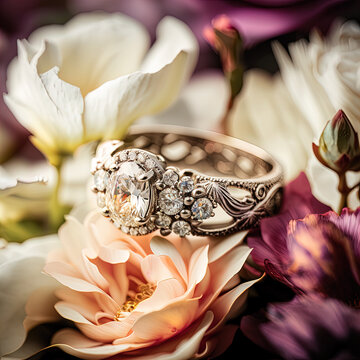 Wedding rings on rose petals, elegant classy wedding ring with large stone and flowers in background