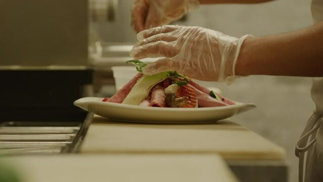 Salad plating italian rolled ham cheese side profile