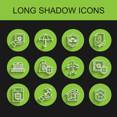 Fototapeta premium Set line Calendar with shield, Umbrella in hand, Safe, House, Piggy bank, Money, and Plane icon. Vector