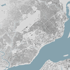 Brazzaville map, capital city of Republic of the Congo. Municipal administrative area map with buildings, rivers and roads, parks and railways.