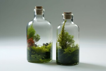 Glass bottle with green ecosystem decor. Generate Ai
