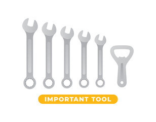 Vector service key symbols with beer opener. Text Important wrenches. Isolated on white background.