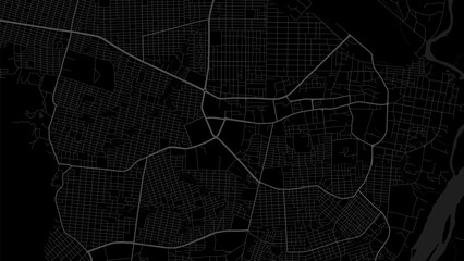 Background Juba map, South Sudan, black city poster. Vector map with roads and water. Widescreen proportion, flat design roadmap.