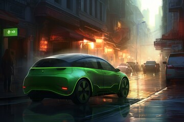 Fototapeta na wymiar Green neon electric car. Generate Ai