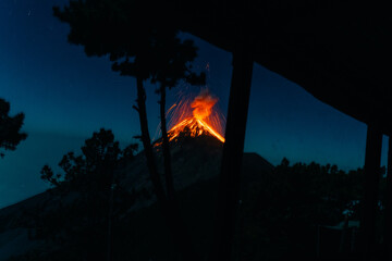 Volcano Fuego erupting at night from view of Volcano Acatenango, Guatemala