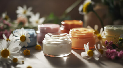 Fototapeta na wymiar Natural organic eco cosmetics in open jars with bloom. Al generated