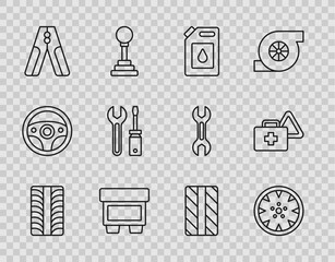 Set line Car tire wheel, Alloy, Canister for motor oil, Fuse, battery jumper power cable, Screwdriver and wrench spanner, and First aid kit warning triangle icon. Vector