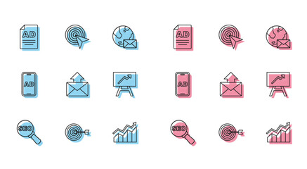 Set line SEO optimization, Target, Advertising, Financial growth increase, Mail and e-mail, Board with graph chart, and icon. Vector