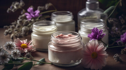 Obraz na płótnie Canvas Natural organic eco cosmetics in open jars with bloom. Al generated