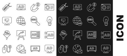 Set line Advertising, Light bulb with concept of idea, Magnet money, Dislike speech bubble, SEO optimization and icon. Vector